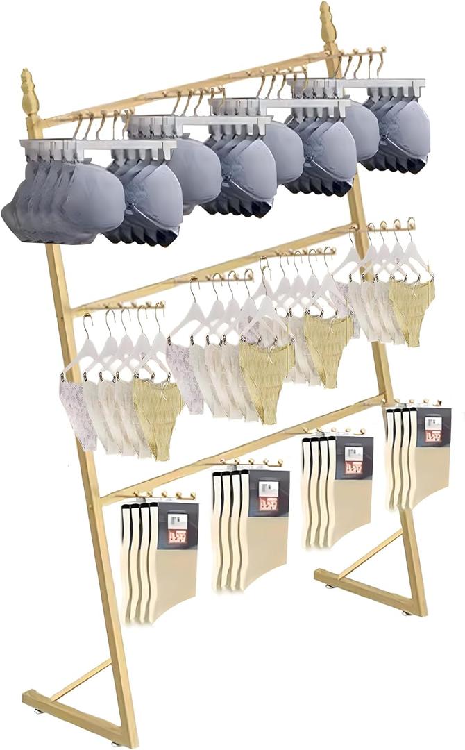 Clothing Store Underwear Sock Display Stand with 12 Hooks, 3 Tier Lingerie Bra Rack Swimsuit Organizer Hanger, Commercial Shelves for Panty Waist Chain Gloves Storage