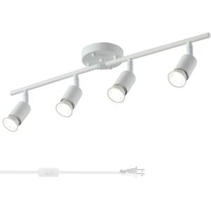 4 Light White Plug in Track Light White Plug in Ceiling Lighting Fixture with 16.4' Long Cord,4 Way Ceiling Spotlight,Rotatable Wall Mount Light Head, White-4 Light