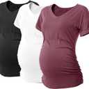 SUNNYBUY 3 Pack Womens Maternity Tops Side Ruched Maternity Shirts Pregnancy Clothes V Neck (Small, Black&white&burgundy)