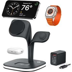 EXW Wireless Charging Station for Magsafe Charger, Charging Station for Multiple Devices, Wireless Charger for iPhone 16/15/14/13/12 Series, Apple Watch Series 1-9, AirPods with LED and Adapter (Black)