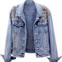 Kedera Women's Denim Jacket Long Sleeve Western Rivet Studded Washed Pearl Short Jean Coat (Medium, Blue)