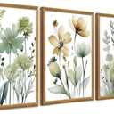 SYWENNOI Wood Framed Green Botanical Canvas Wall Art, Boho Floral Watercolor Art Wall Decor, Minimalist Flower Pictures Poster Prints for Bedroom Bathroom Living Room Ready to Hang 16x24 Inches