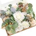 Ling's moment Fake Flowers Box, Faux Artificial Greenery Stems Foam Roses Silk Eucalyptus Fabic Flower for Centerpieces Bouquet Wedding Vase Floral Decorations, White & Sage & Gold, Grand Combo