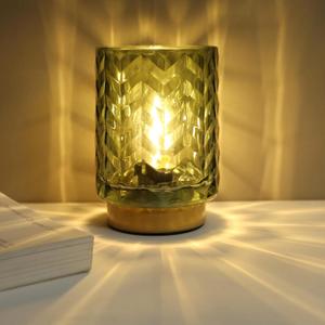 Battery Operated Lamp with Timer, Small Accent Table Lamp Desk Decor, Glass Cordless Bedside Cozy Lighting for Living Room, Shelf, Entryway Wave Design-Green