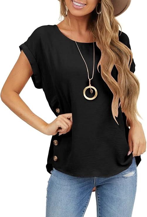 Orchidays Womens Casual Short Sleeve Tops Dressy Crew Neck Side Button Shirts Blouse Black
 XL