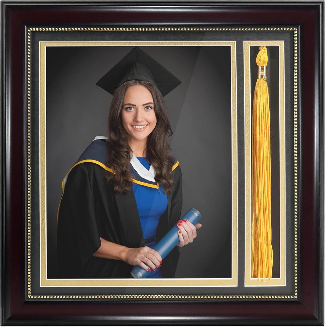 GraduationMall Graduation Photo Shadow Box Frame with Tassel Holder for 8x10 Pictures,Real Glass,Black Over Gold Double Mat,Wall & Tabletop Design