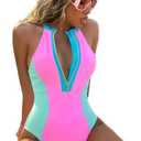 BIKINX Women One Piece Bathing Suit Tummy Control Swimsuits High Neck Zip Front Monokini Color Block Rash Guard Swimwear XL