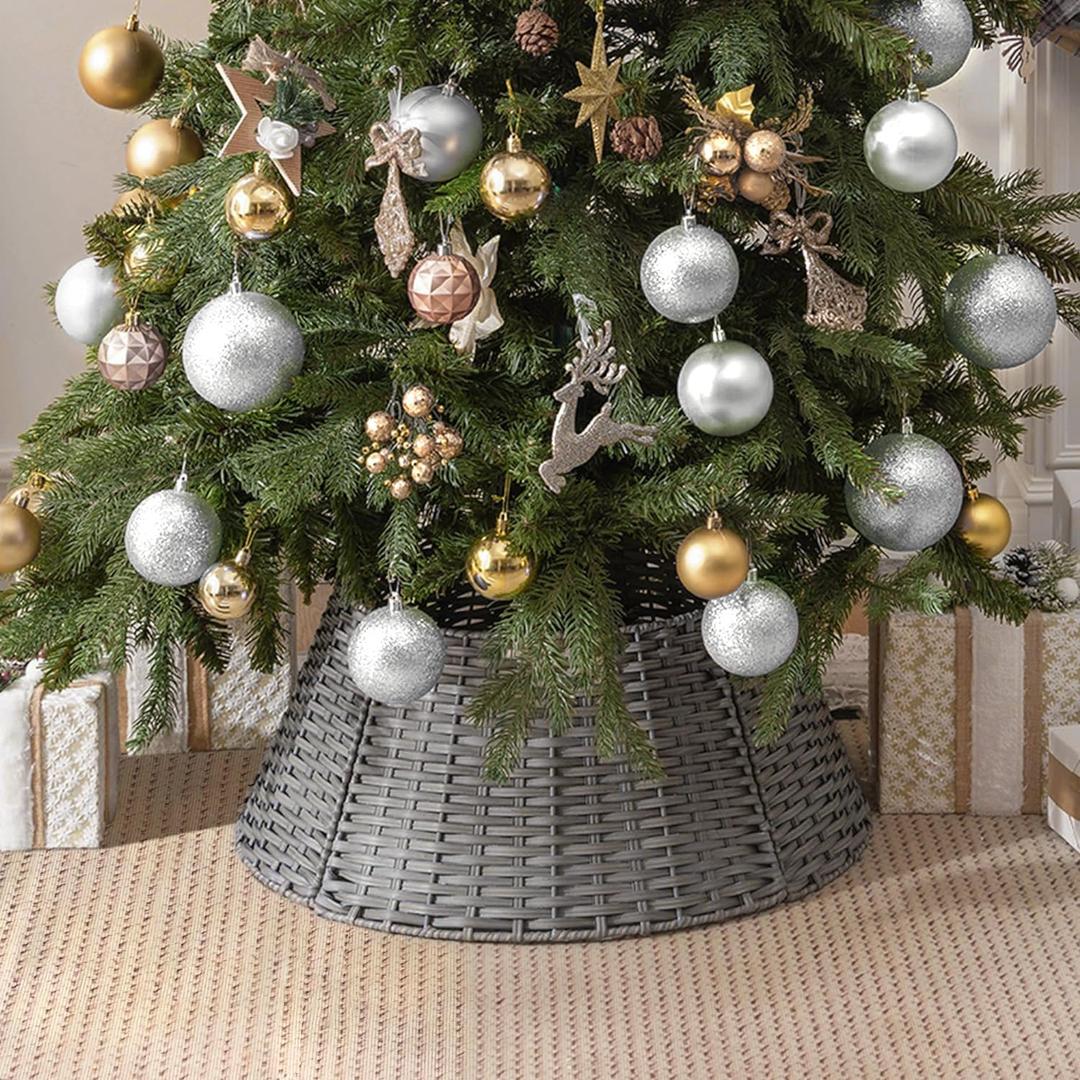 GRANNY SAYS Tree Collar for 4-7.5 ft Tree, Christmas Wicker Tree Collar, 22" D Christmas Tree Stand for Champagne Tree, Beautiful Tree Skirts, Basket for Bottom of Christmas Tree, Gray