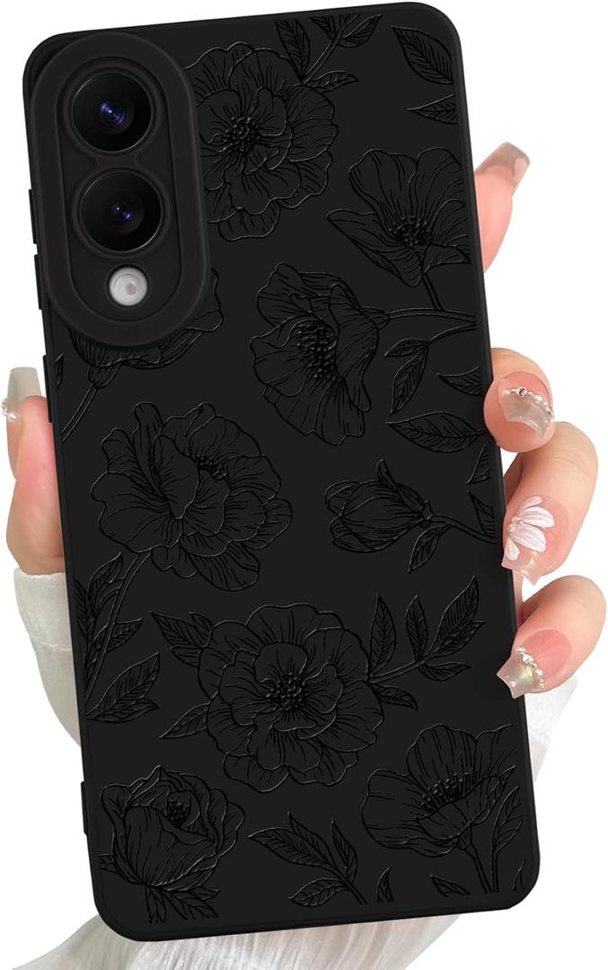 for Samsung Galaxy S25 Edge Case Black Floral Rose Pattern | Cute Silicone Camera Protection Soft Slim Phone Case for Girls Women
