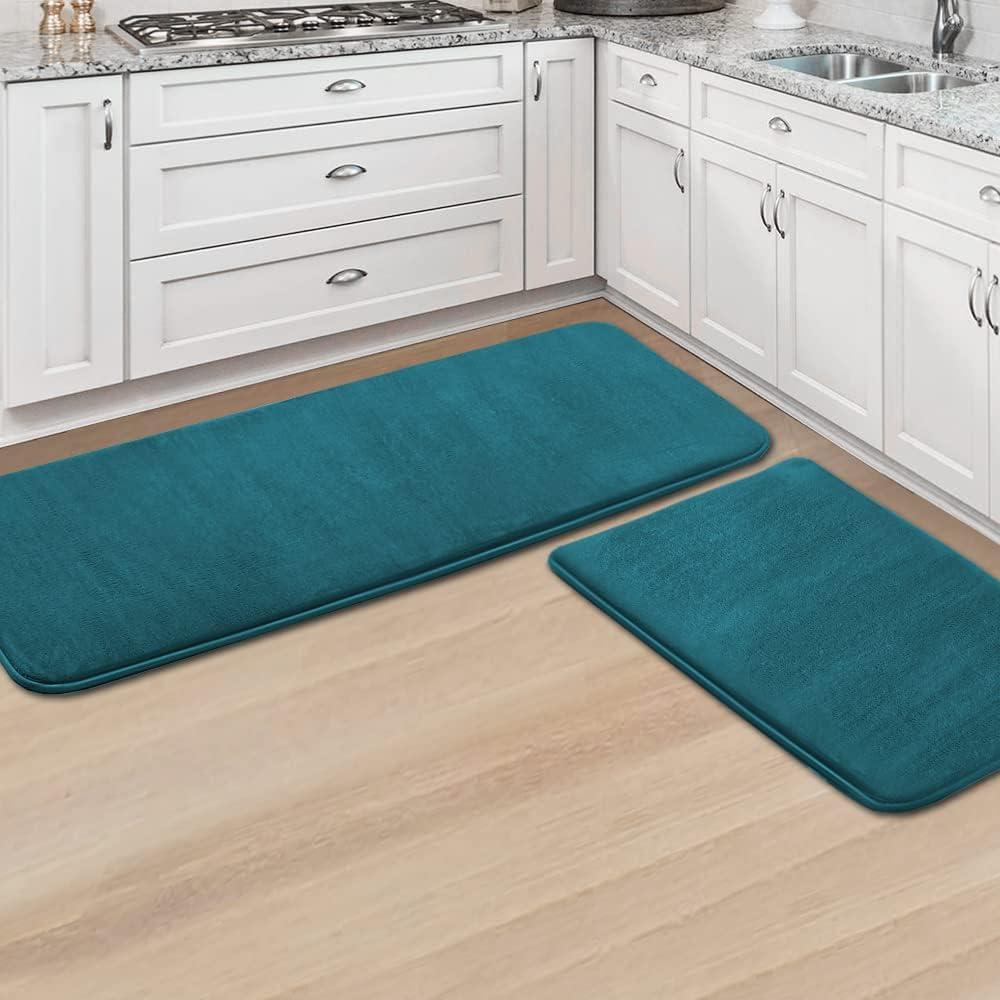 H.VERSAILTEX Kitchen Mat Non Slip Memory Foam Flannel Velvety Runner Rug Water Absorbent Soft Kitchen Rugs Set for Floor Standing Rugs(47" x 17" + 24" x 17", Dark Teal)