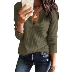 Women's V Neck Waffle Knit Henley Tops Casual Long Sleeve Pullover Sweater Blouses (S)