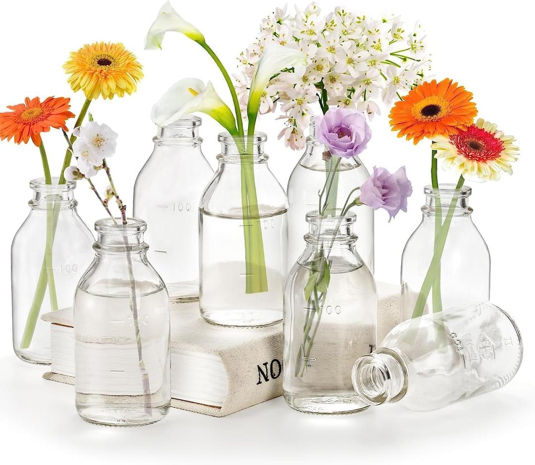 Okllen Set of 12 Glass Bud Vase, Small Milk Bottle Flower Vases Decorative Glass Bottles, Vintage Bud Vases Centerpiece for Home Decor Wedding Reception, Clear
