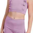 CharmWM Girls 2 Piece Outfits Athletic Ruffle V Crossover High Waisted Dance Shorts with Training Bra Crop Tank (7-8 Years, Purple)