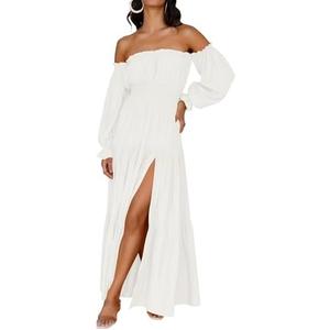 ZESICA Women's 2026 Boho Sexy Off Shoulder Long Sleeve Smocked High Waist Side Split Flowy A Line Tiered Long Maxi Dress L