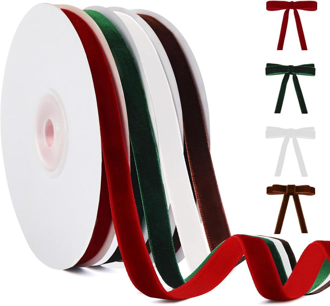 YANGTE 4 Colors Velvet Ribbon Set, 3/8" x 40Yard Premium Christmas Velvet Ribbon for Gift Wrapping, Christmas Tree Ornaments Handmade Crafts Bow MakingRed,Green,White,Brown