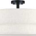 22 Inch LED 28W Adjustable 3000/4000/5000 Black Double Drum Linen Fabric Shade Semi Flush Mount Close to Ceiling Light Fixture for Bedroom,Living Room,Dining Room Hallway