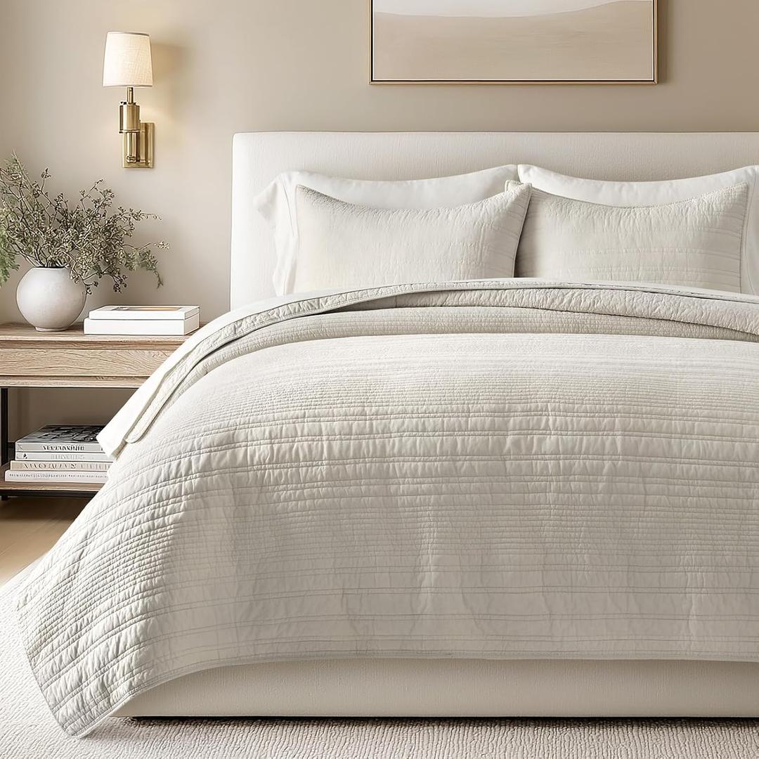EVERGRACEHOME 100% Cotton Modern Lines Quilt Set King Size, Pre-Washed Soft Striped Coverlet Bedspread, 3 Piece Lightweight Bedding Set for All Season, with 2 Pillow Shams, Birch