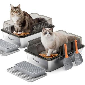 2 Pack Stainless Steel Litter Box - XL Extra Large Metal Cat Litter Box with Scoop & Pedal for Big Cats and Multi-Cats, Angled Entrance Design, Anti-Urine Leakage, Non-Stick Bottom