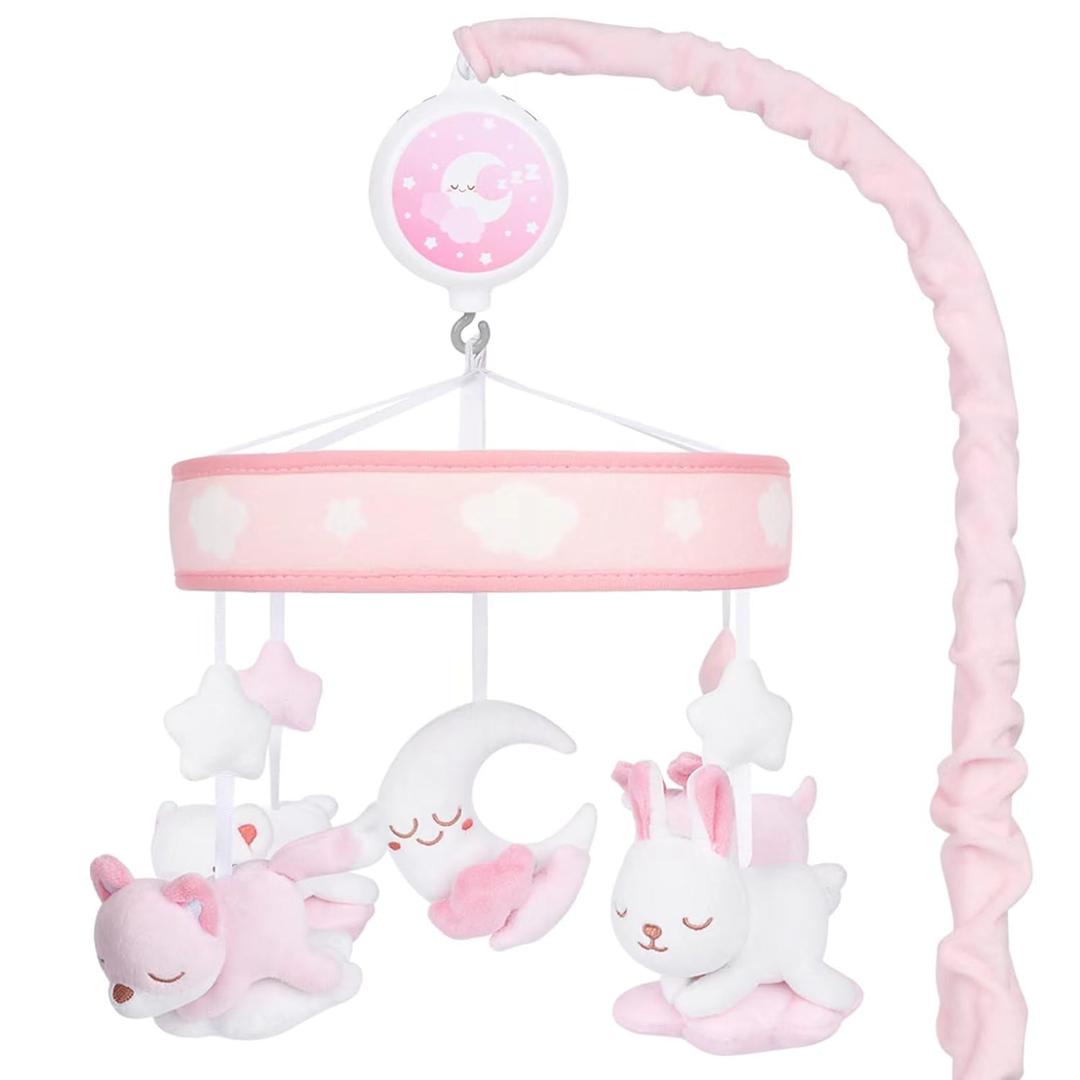 Crib Mobile for Girls, Baby Mobile for Crib with 12 Lullabies Digital Musical Box, 3 Modes, Volume & Songs Control, Pink Design for Nursey Decor