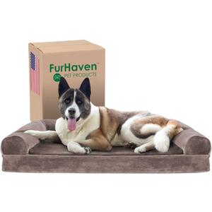 Furhaven Cooling Gel Dog Bed for Large Dogs w/ Removable Bolsters & Washable Cover, For Dogs Up to 95 lbs - Faux Fur & Velvet Sofa - Driftwood Brown, Jumbo/XL (40.0"L x 32.0"W x 8.0"Th)