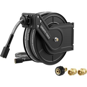 Giraffe Tools Pressure Washer Hose Reel 60ft, Power Washer Hose Reel, Pressure Washer Retractable Hose Reel, Heavy Duty, Replaceable Hoses, Wall/Floor Mounted, 4000 PSI, Dark Silver