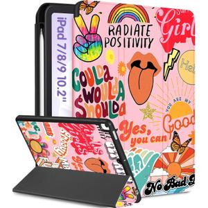 Uppuppy for iPad 9th/8th/7th Generation Case 10.2 Inch Girls Cute Kids Women Folio Smart Cover Pencil Holder Quote Aesthetic Design Girly Kawaii Teens Unique Cases for iPad 7/8/9 Gen A2602 A2270 A2197