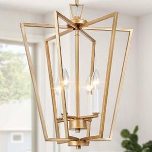 classy leaves Gold Chandelier, 4-Light Modern Lantern Gold Pendant Light with Rotatable Framework for Kitchen Island, Dining Room, Foyer and Entryway, Antique Brushed Gold, 16.2" W x 20" H