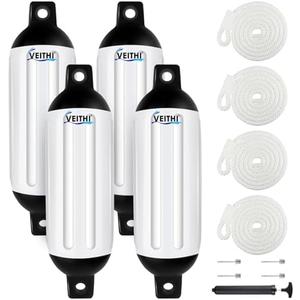 VEITHI 4.5/5.5/6.5/8.5/10/16 inch Boat Fenders 4 Pack,Ribbed Twin Eyes Vinyl Boat Bumpers Fenders,Boat Bumpers for Docking Come with Ropes Needles and Pump to Inflate