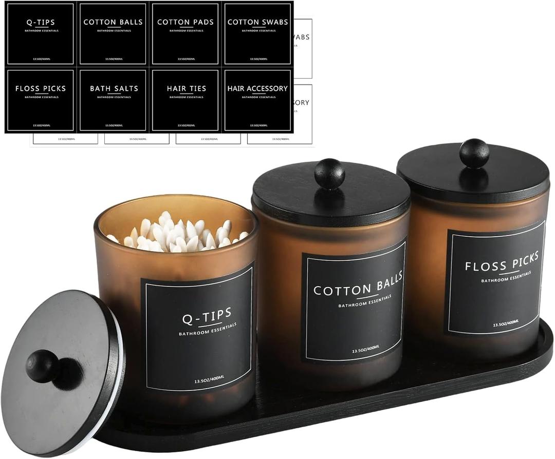 3 Pack Qtip Holder Bathroom Set,Cotton Ball Swab Pad Holder Cotton Round Floss Pick Dispenser with Tray,Glass Apothecary Jars with Lids,Bathroom Organizers and Storage Canisters-Amber