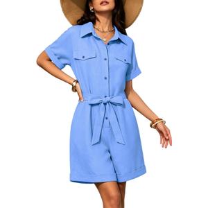 ZWRXW Summer Rompers for Women Linen Cargo Jumpsuit V Neck Short Sleeve Button Up Short Jumpsuit Overalls Vacation Outfits (Blue, L)