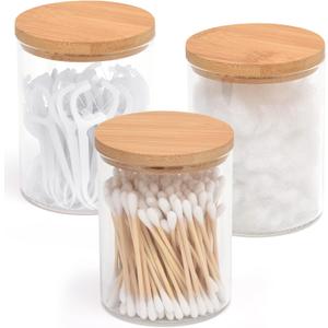 3 Pack Glass Qtip Holder Dispenser Set - Apothecary Jars with Lids for Vanity Makeup Organizer - Bathroom Canister Storage Organizer for Cotton Ball, Swab, Round Pads, Floss