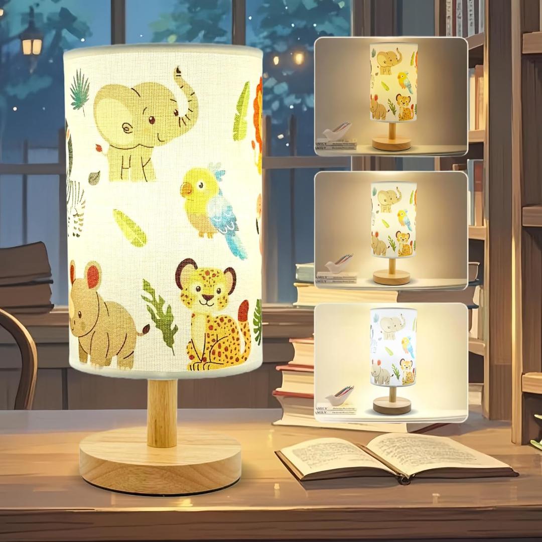Kids Table Lamp-Night Light for Boys Room,3-Color LED Desk Lamp with Baby Elephant Zebra Giraffe Tiger Pattern Bedside Lamp Safari Animal Lampshade and Wood Base for Living Nursery Child Room Study