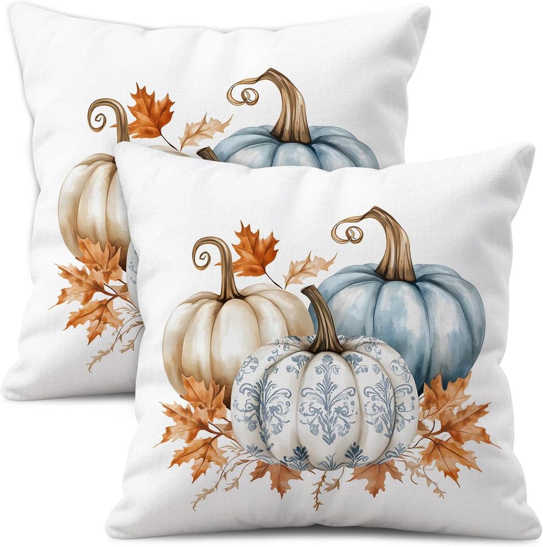 Fall Pillow Covers 18x18 Set of 2 White Linen Decorative Throw Pillowcases, Double-Sided Pumpkin Print, Slightly Water-Resistant, Cushion Covers for Autumn Home Decor