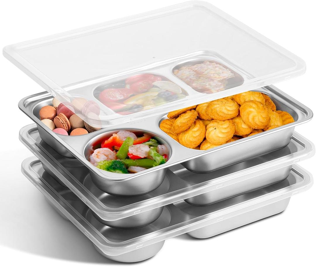 GOLDEN KEY 3 Pcs Stainless Steel Snack Containers with Lids,Stainless Steel Bento Lunch Box with 5 Compartments,Bento Box for Kids or Adults,Snackle Box Container for School, Home, and Travel (Large)