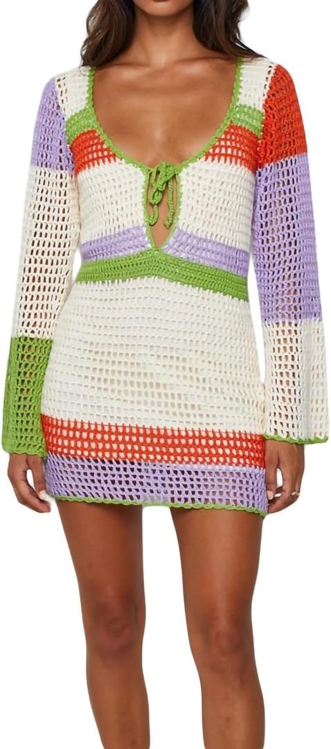 Women Crochet Knit Mini Dress Long Sleeve Colorful Mesh Cover Ups Casual Sweater Dress Summer Beach Wear (Small)