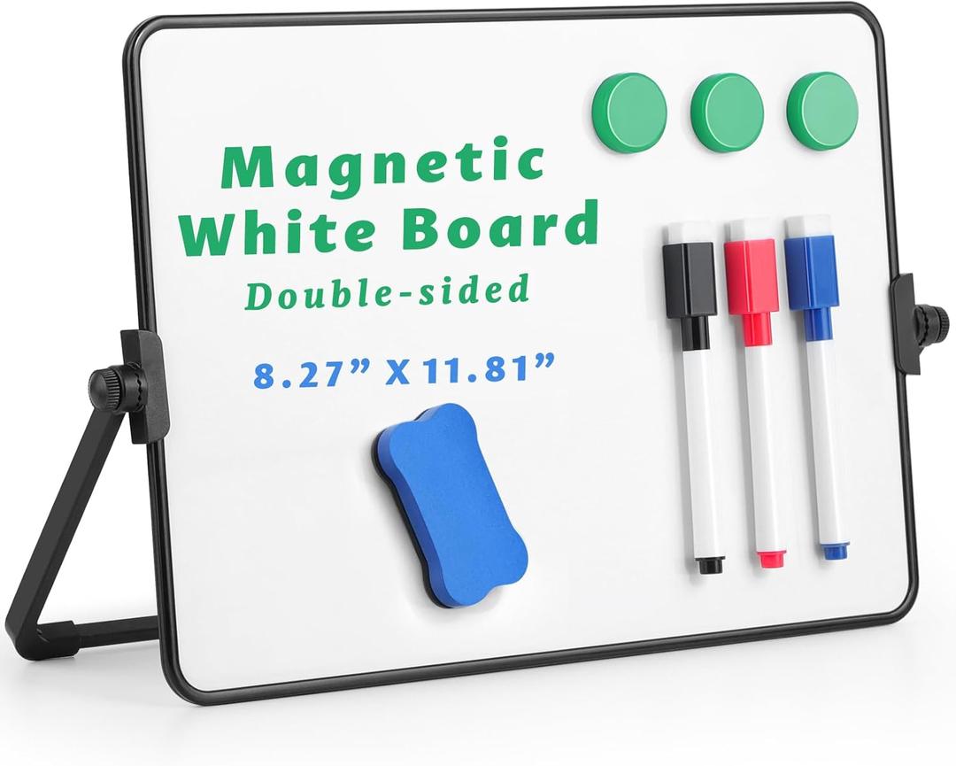Dry Erase Whiteboard for Students,Small Mini Magnetic Double-Sided Desktop White Board with Stand,Portable Small Whiteboard with 3 Markers/3 Magnets/1 Eraser for Drawing, Home, School,8.27" x 11.8"
