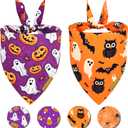 Halloween Dog Bandanas 2 Pack 4 Pattern Ghost Spider PumpkinCandle Bibs Reversible Washable Durable Fall Scarf Suitable for X-Large Breed Dog Boy and Girl