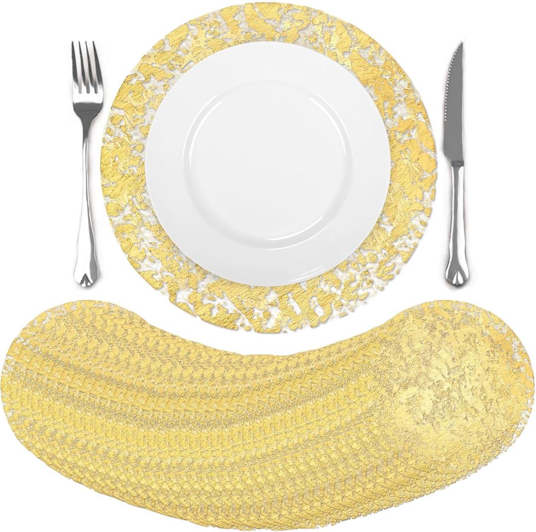 comfoyar Disposable Gold Placemats Set of 100, Metallic Round 13 Inch Foil Mesh Pressed Doilies Place Mats, Table Mats for Dining Party Weddings Birthday Holiday Kitchen Home, Tableware Decoration