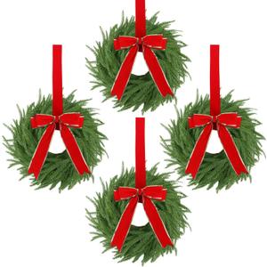 4 Pcs Christmas Wreaths for Front Door, 15 Inch Fluffable Artificial Norfolk Pine Wreath with Red Bow, Easy to Shape for Full & Lush Look, Indoor Outdoor Holiday Decor