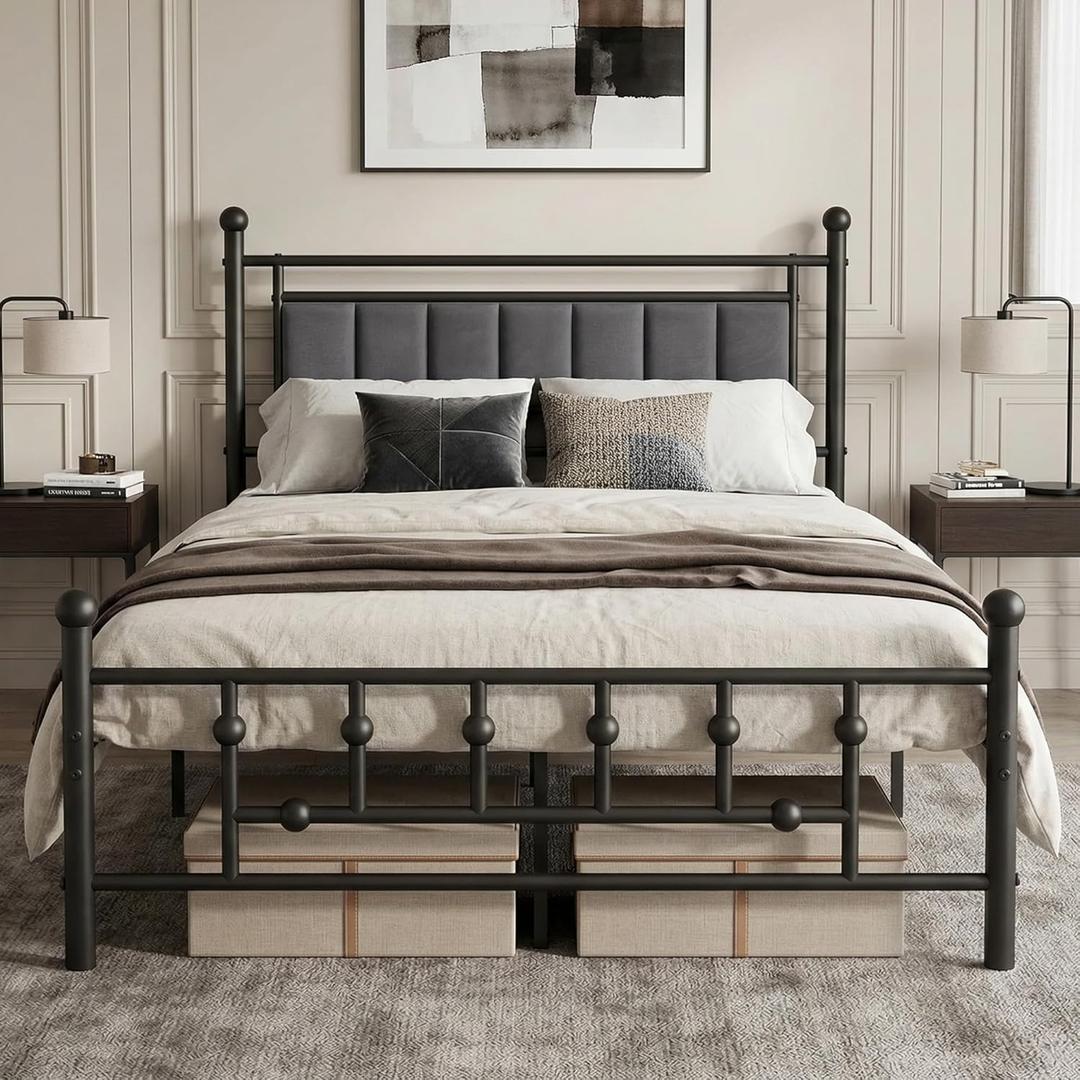 Full Bed Frame with Headboard, Velvet Upholstered Platform Bed Frame Full Size, Heavy Duty 13 Metal Slats Support, 14" Underbed Storage, No Box Spring Needed, Noise Free (Black)