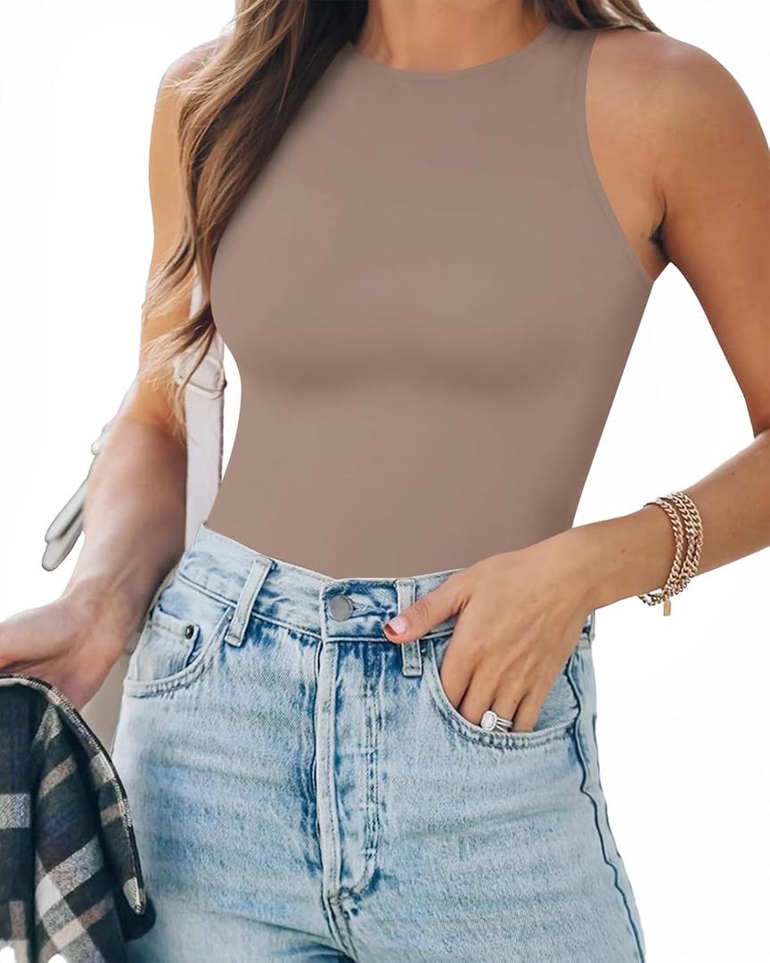 MANGOPOP Women's Tank Top Body Suits Sexy Crew Neck Racerback Halter Ribbed Sleeveless Long Sleeve Bodysuit Going Out Tops (Brown, S)