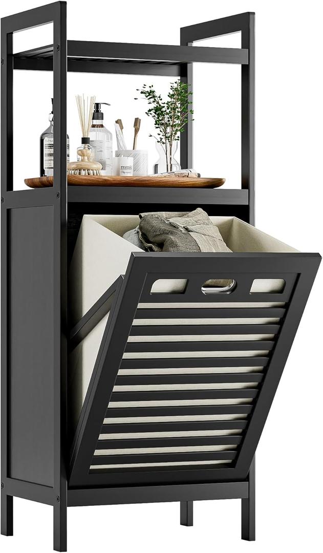 HITNET Tilt Out Laundry Hamper, Bamboo Bathroom Cabinet with Pull Out Removable Bag and 2 Tier Storage Shelves, 10 Gal Clothes Basket with Metal Handle, Black