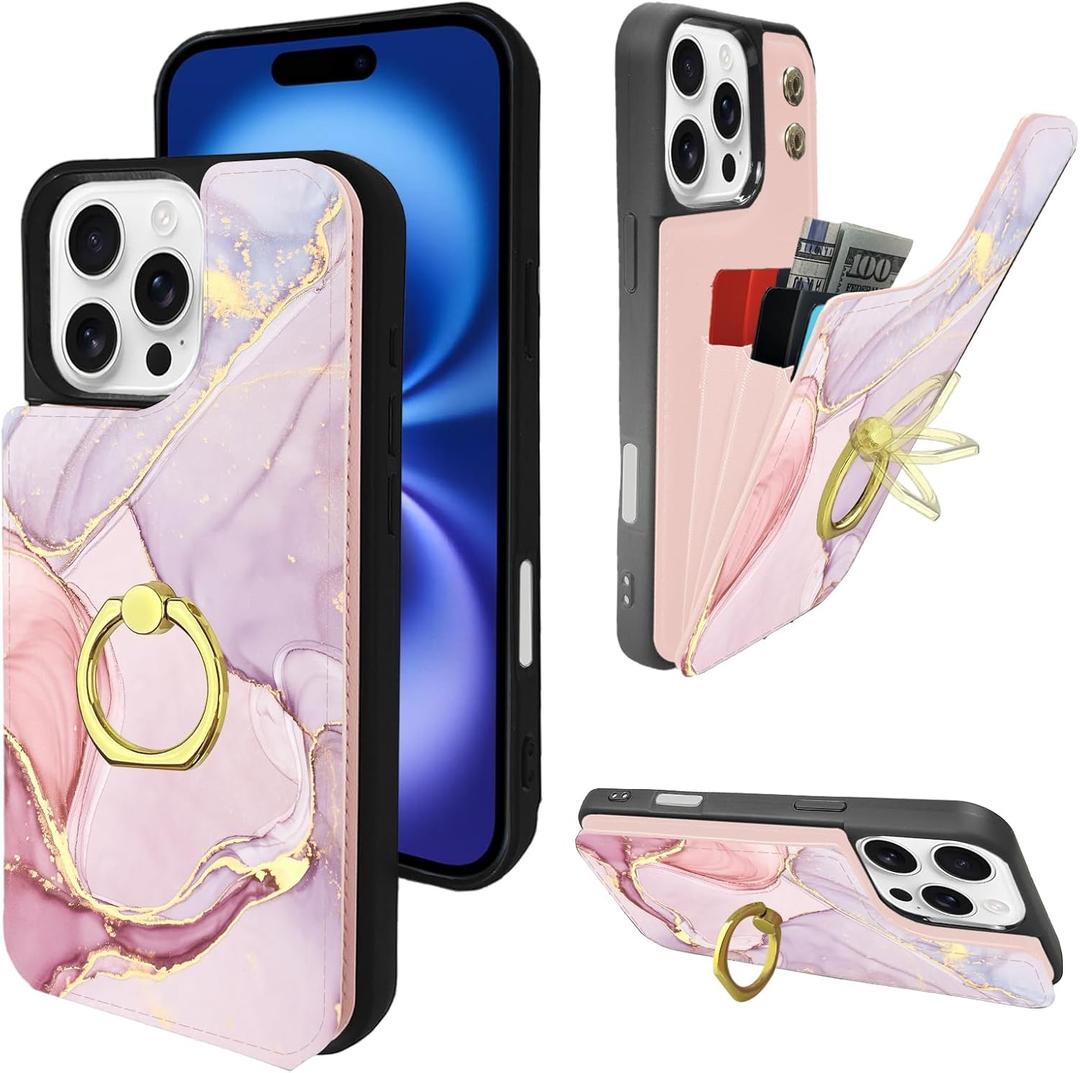 Compatible with iPhone 16 Pro Max Wallet Case with Card Holder, 360Rotation Finger Ring Holder Kickstand Protective RFID Blocking PU Leather Pattern Double Buttons 6.9" Pink Marble