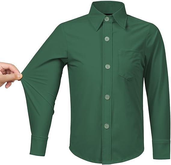 Boys' Stretch Long Sleeve Button Down Toddler Dress Shirt Wrinkle Free Oxford Uniform Shirt with Chest Pocket, 10Y Green
