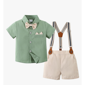 YALLET Toddler Baby Boy Outfits Boys Suits Gentleman Short Sleeve Button Shirts+Bowtie+Suspender Shorts Formal Clothes, 5Y