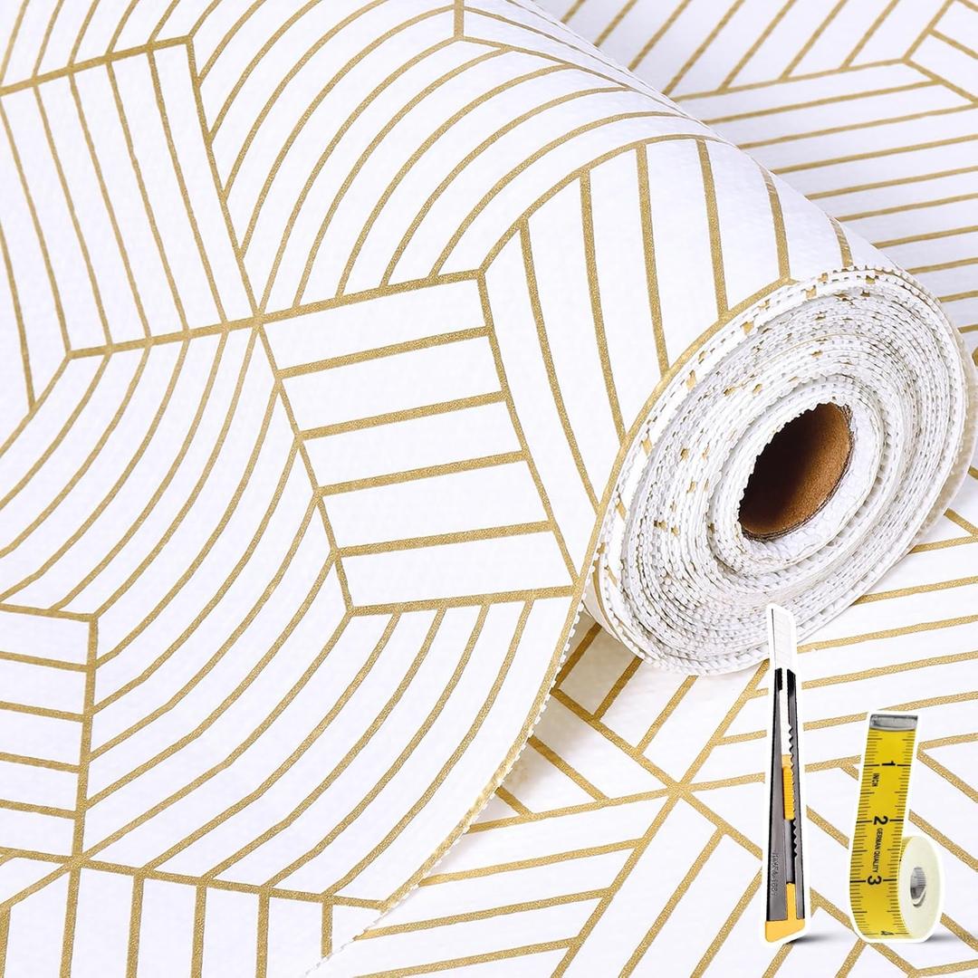 2 x Shelf Liners for Kitchen Cabinets Non Adhesive Shelf Liner Paper Non-Slip Thickened Drawer Liner Easy to Clean for Tool Box Refrigerator with Knife and Tape Measure, Gold Geometric, 11.8 x 118 in