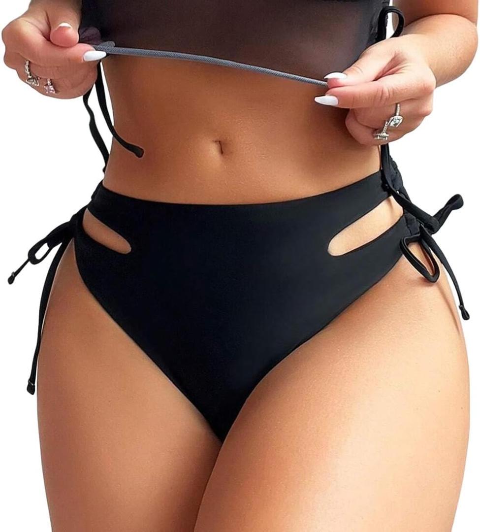 WODECASA Women's High Waisted Bikini Bottoms Cheeky High Leg Cut Out Side Tie Sexy Ruched Bathing Suit Swim Bottoms 2026 (Black, L)