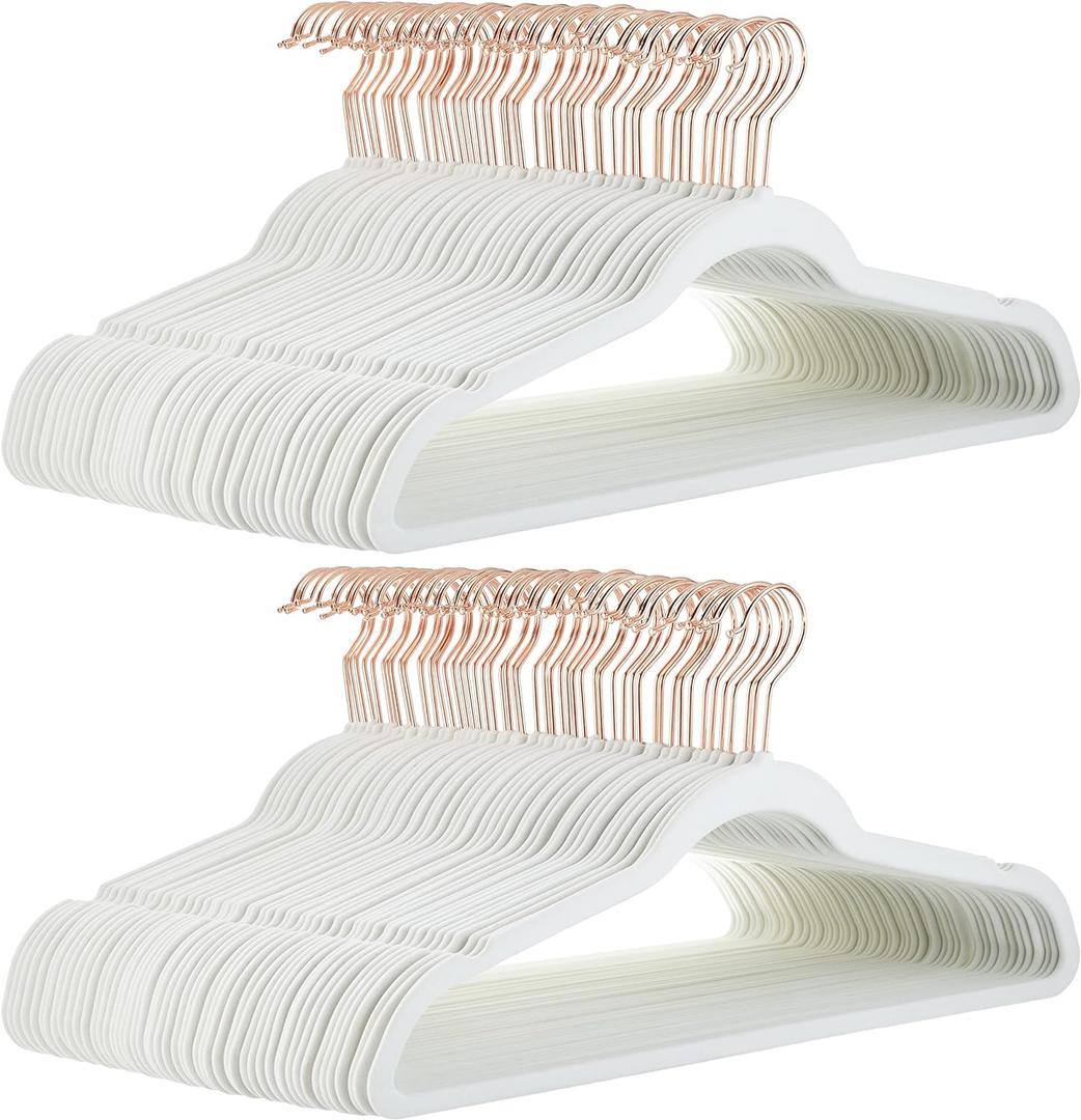 Amazon Basics Slim, Velvet, Non-Slip Suit Clothes Hangers, Ivory/Rose Gold - Pack of 100