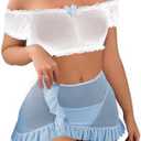 SOLY HUX Sexy Lingerie Set for Women Sheer Mesh Off Shoulder Bra Panty Ruffle Skirts 3 Piece Sets,Size M
