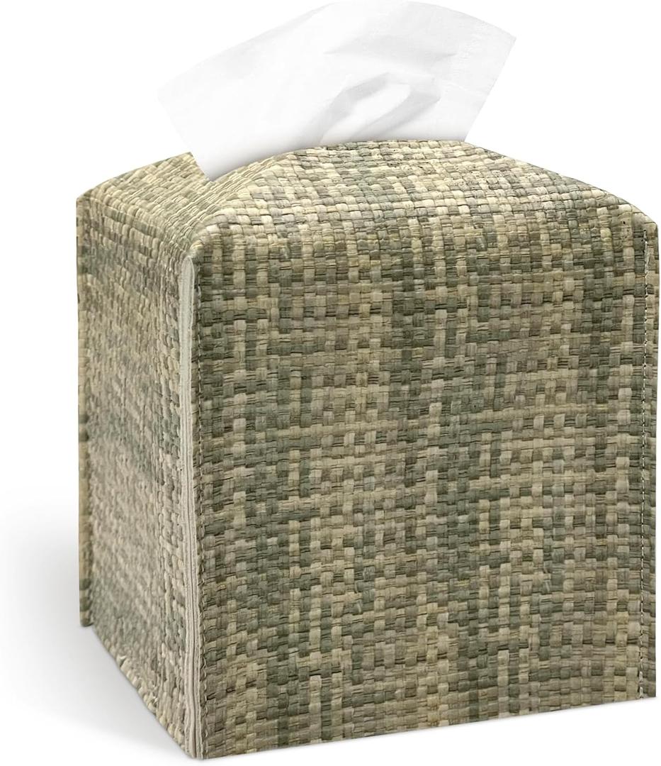 PU Leather Square Tissue Box Cover with Woven Pattern, Cube Tissue Box Holder with Bottom Belt, Perfect Decorative Organizer for Tabletop, Car, Office, Bathroom (Beige Olive Green)